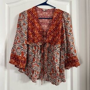 Cato Women’s Boho Tiered Tie Front Blouse Sz XS. Jan-129